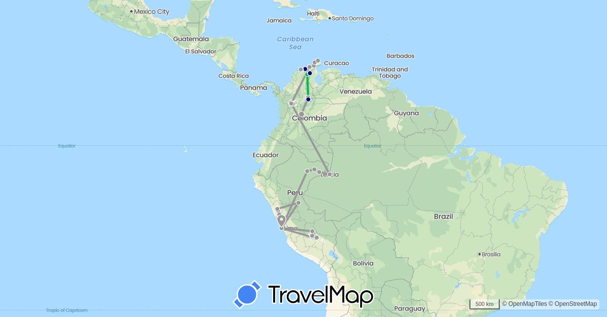 TravelMap itinerary: driving, bus, plane in Colombia, Peru (South America)